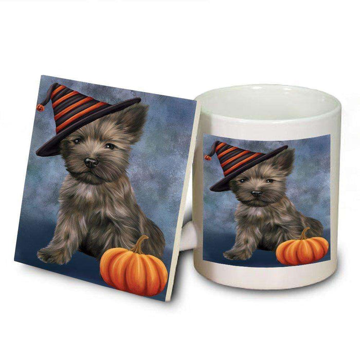 Happy Halloween Cairn Terrier Dog Wearing Witch Hat with Pumpkin Mug and Coaster Set