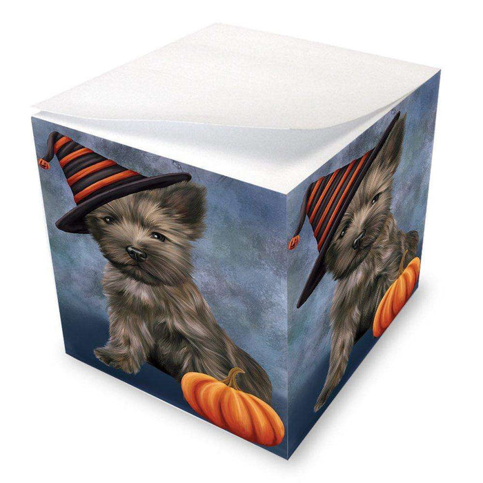 Happy Halloween Cairn Terrier Dog Wearing Witch Hat with Pumpkin Note Cube