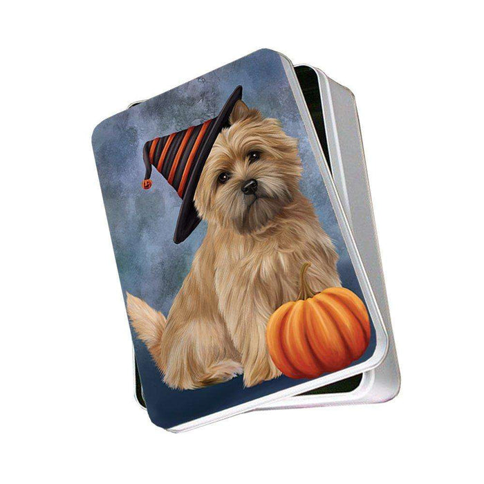 Happy Halloween Cairn Terrier Dog Wearing Witch Hat with Pumpkin Photo Storage Tin