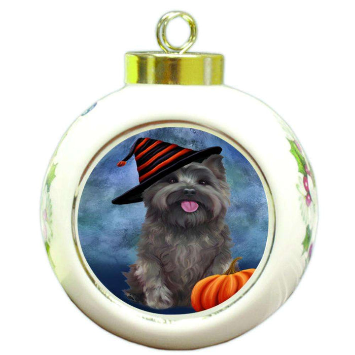 Happy Halloween Cairn Terrier Dog Wearing Witch Hat with Pumpkin Round Ball Christmas Ornament RBPOR55001