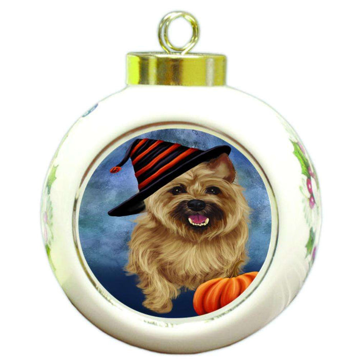 Happy Halloween Cairn Terrier Dog Wearing Witch Hat with Pumpkin Round Ball Christmas Ornament RBPOR55002