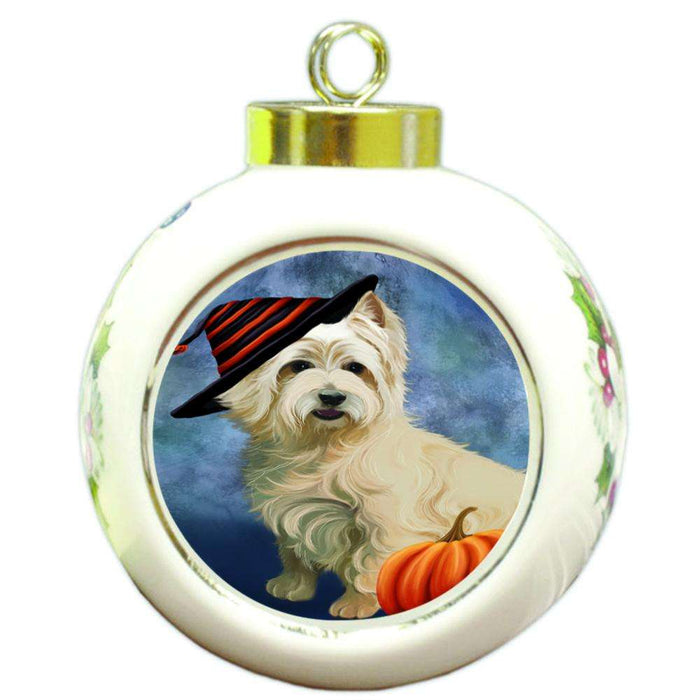 Happy Halloween Cairn Terrier Dog Wearing Witch Hat with Pumpkin Round Ball Christmas Ornament RBPOR55003