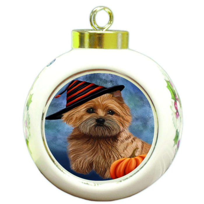 Happy Halloween Cairn Terrier Dog Wearing Witch Hat with Pumpkin Round Ball Christmas Ornament RBPOR55004
