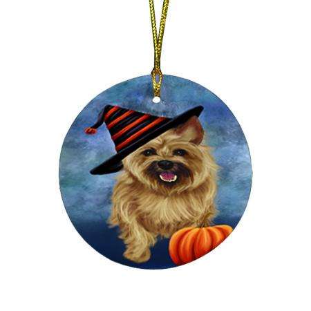 Happy Halloween Cairn Terrier Dog Wearing Witch Hat with Pumpkin Round Flat Christmas Ornament RFPOR54993
