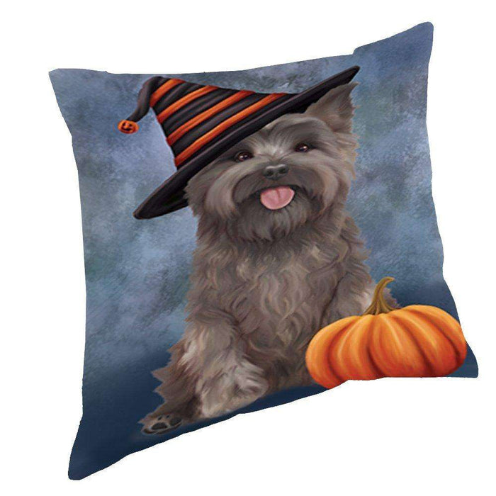 Happy Halloween Cairn Terrier Dog Wearing Witch Hat with Pumpkin Throw Pillow