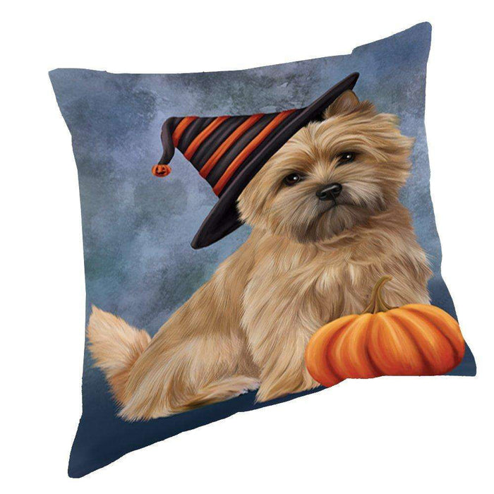 Happy Halloween Cairn Terrier Dog Wearing Witch Hat with Pumpkin Throw Pillow