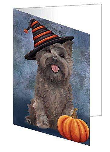 Happy Halloween Cairn Terrier Dog with Witch Hat and Pumpkin Handmade Artwork Assorted Pets Greeting Cards and Note Cards with Envelopes for All Occasions and Holiday Seasons