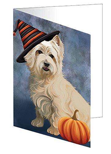 Happy Halloween Cairn Terrier Dog with Witch Hat & Pumpkin Handmade Artwork Assorted Pets Greeting Cards and Note Cards with Envelopes for All Occasions and Holiday Seasons