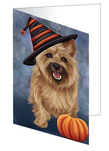 Happy Halloween Cairn Terrier Dog with Witch Hat with Pumpkin Handmade Artwork Assorted Pets Greeting Cards and Note Cards with Envelopes for All Occasions and Holiday Seasons
