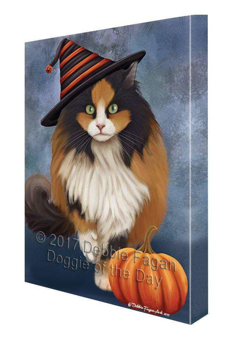 Happy Halloween Calico Cat Wearing Witch Hat with Pumpkin Canvas Wall Art