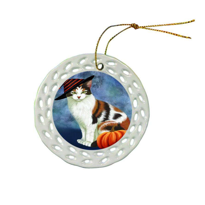 Happy Halloween Calico Cat Wearing Witch Hat with Pumpkin Ceramic Doily Ornament DPOR55005