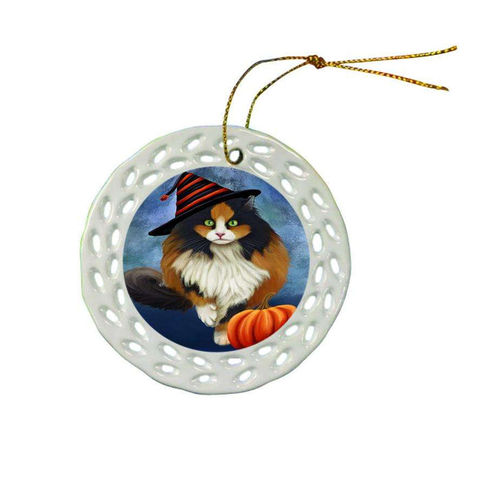 Happy Halloween Calico Cat Wearing Witch Hat with Pumpkin Ceramic Doily Ornament DPOR55006