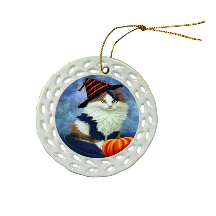 Happy Halloween Calico Cat Wearing Witch Hat with Pumpkin Ceramic Doily Ornament DPOR55007