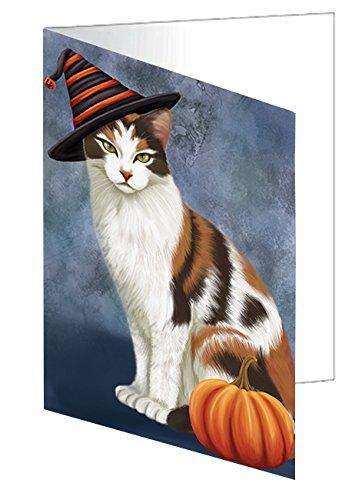 Happy Halloween Calico Cat Wearing Witch Hat with Pumpkin Handmade Artwork Assorted Pets Greeting Cards and Note Cards with Envelopes for All Occasions and Holiday Seasons