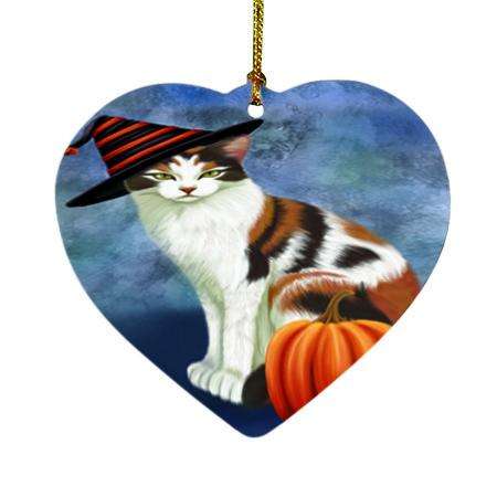 Happy Halloween Calico Cat Wearing Witch Hat with Pumpkin Heart Christmas Ornament HPOR55005