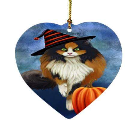 Happy Halloween Calico Cat Wearing Witch Hat with Pumpkin Heart Christmas Ornament HPOR55006