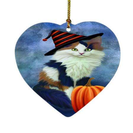 Happy Halloween Calico Cat Wearing Witch Hat with Pumpkin Heart Christmas Ornament HPOR55007