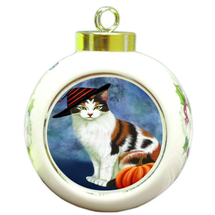 Happy Halloween Calico Cat Wearing Witch Hat with Pumpkin Round Ball Christmas Ornament RBPOR55005