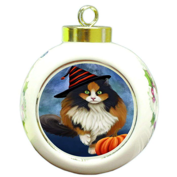 Happy Halloween Calico Cat Wearing Witch Hat with Pumpkin Round Ball Christmas Ornament RBPOR55006
