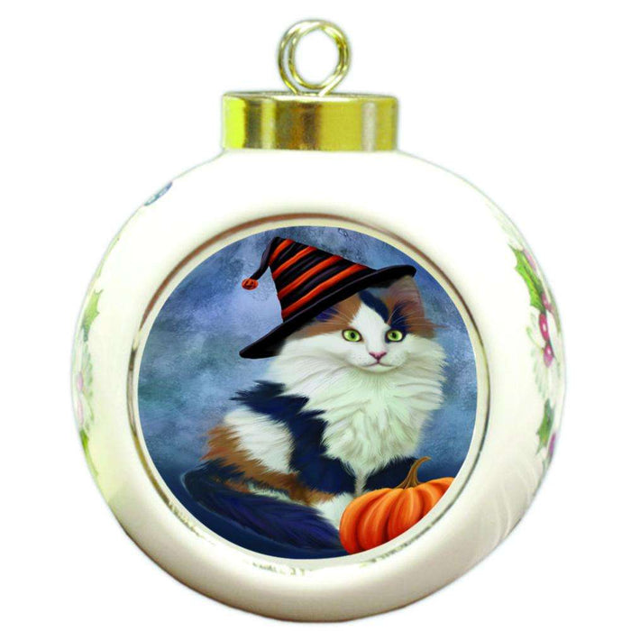 Happy Halloween Calico Cat Wearing Witch Hat with Pumpkin Round Ball Christmas Ornament RBPOR55007