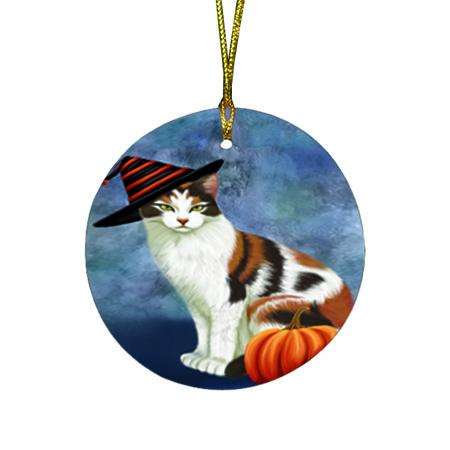 Happy Halloween Calico Cat Wearing Witch Hat with Pumpkin Round Flat Christmas Ornament RFPOR54996