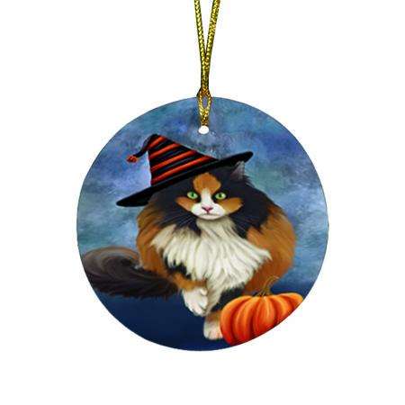 Happy Halloween Calico Cat Wearing Witch Hat with Pumpkin Round Flat Christmas Ornament RFPOR54997