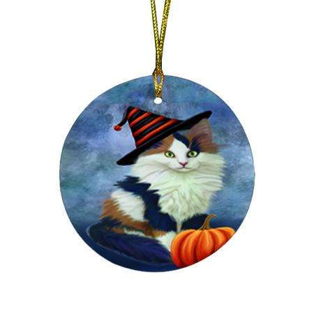 Happy Halloween Calico Cat Wearing Witch Hat with Pumpkin Round Flat Christmas Ornament RFPOR54998