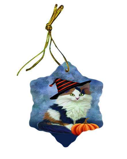 Happy Halloween Calico Cat Wearing Witch Hat with Pumpkin Star Porcelain Ornament SPOR54998