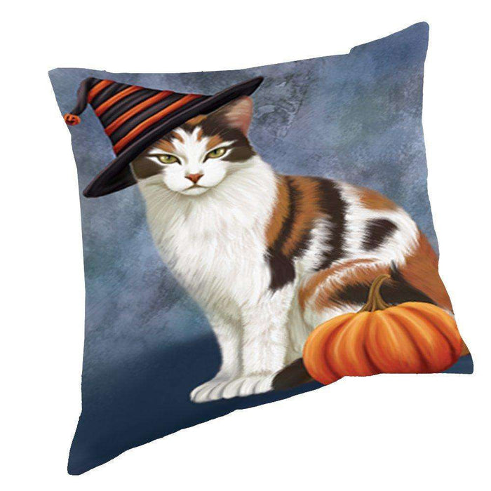 Happy Halloween Calico Cat Wearing Witch Hat with Pumpkin Throw Pillow
