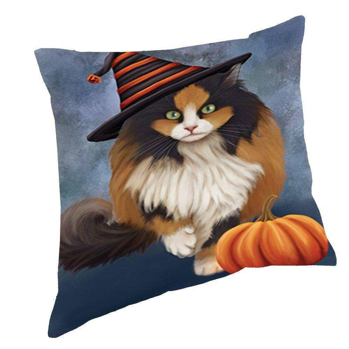 Happy Halloween Calico Cat Wearing Witch Hat with Pumpkin Throw Pillow