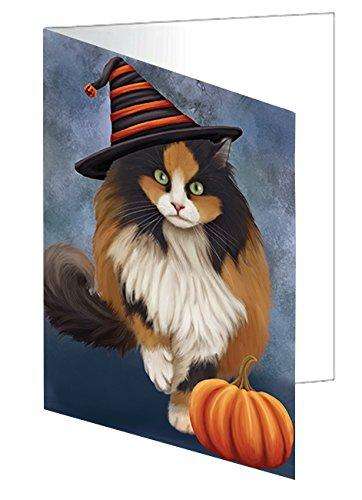 Happy Halloween Calico Cat with Witch Hat with Pumpkin Handmade Artwork Assorted Pets Greeting Cards and Note Cards with Envelopes for All Occasions and Holiday Seasons