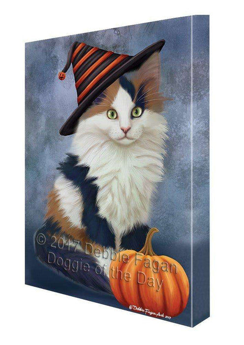 Happy Halloween Calico Kitten Cat Wearing Witch Hat with Pumpkin Canvas Wall Art