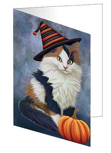 Happy Halloween Calico Kitten Cat Wearing Witch Hat with Pumpkin Handmade Artwork Assorted Pets Greeting Cards and Note Cards with Envelopes for All Occasions and Holiday Seasons