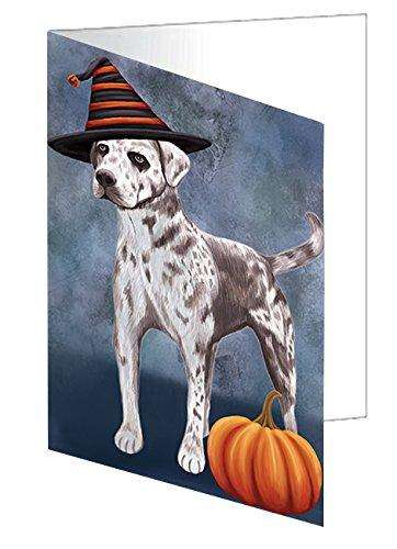 Happy Halloween Catahoula Leopard Dog Wearing Witch Hat with Pumpkin Handmade Artwork Assorted Pets Greeting Cards and Note Cards with Envelopes for All Occasions and Holiday Seasons
