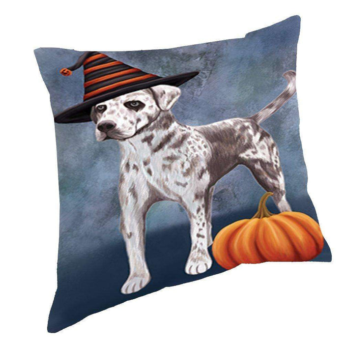 Happy Halloween Catahoula Leopard Dog Wearing Witch Hat with Pumpkin Throw Pillow