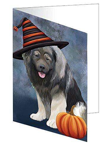 Happy Halloween Caucasian Ovcharka Dog Wearing Witch Hat with Pumpkin Handmade Artwork Assorted Pets Greeting Cards and Note Cards with Envelopes for All Occasions and Holiday Seasons