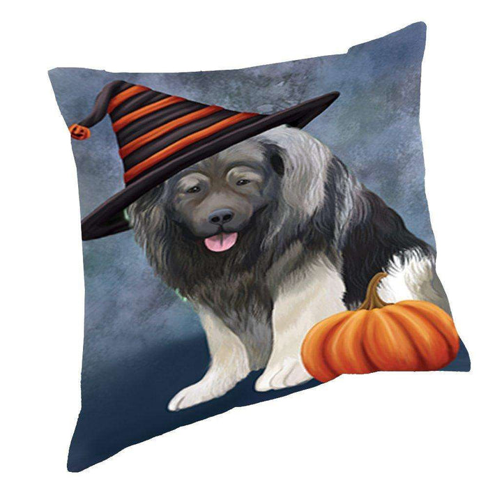 Happy Halloween Caucasian Ovcharka Dog Wearing Witch Hat with Pumpkin Throw Pillow