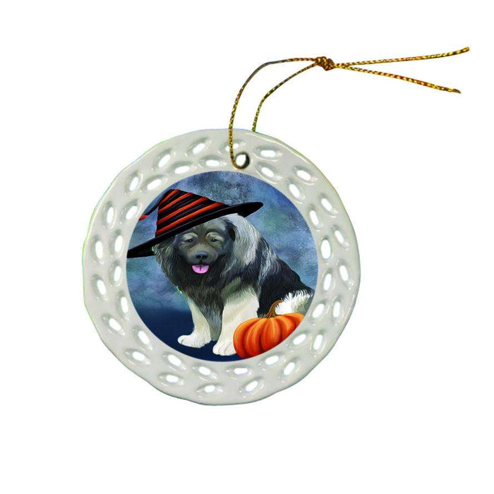 Happy Halloween Caucasian Shepherd Dog Wearing Witch Hat with Pumpkin Ceramic Doily Ornament DPOR55008