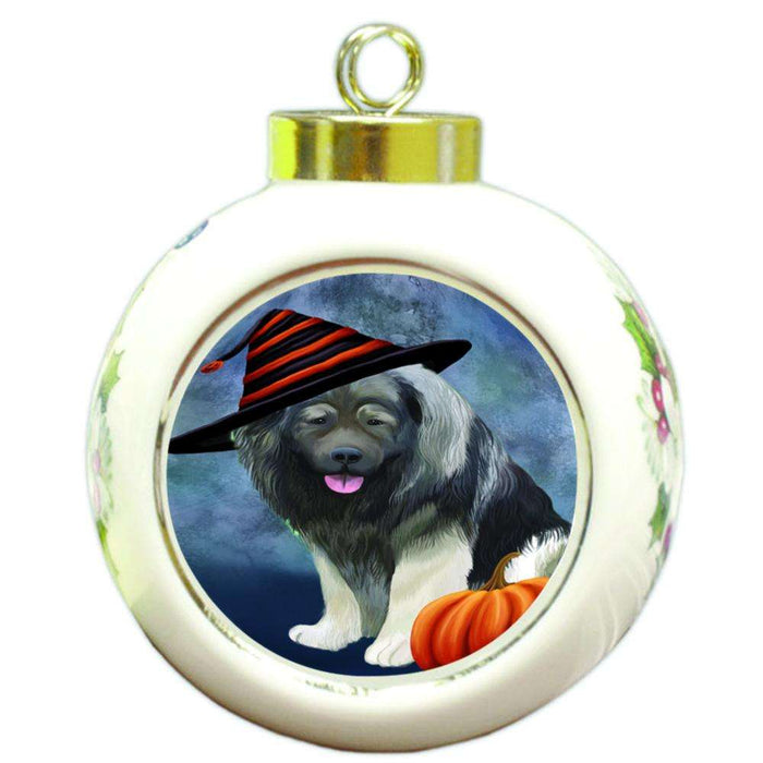 Happy Halloween Caucasian Shepherd Dog Wearing Witch Hat with Pumpkin Round Ball Christmas Ornament RBPOR55008