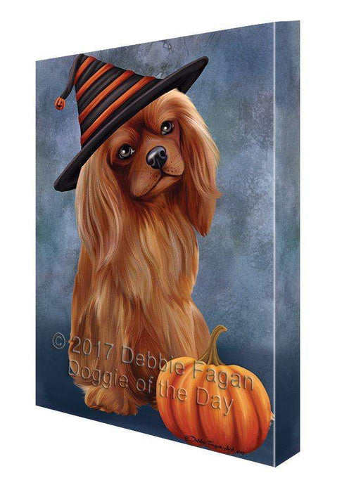 Happy Halloween Cavalier King Charles Spaniel Dog Wearing Witch Hat with Pumpkin Canvas Wall Art