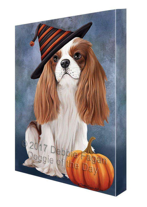 Happy Halloween Cavalier King Charles Spaniel Dog Wearing Witch Hat with Pumpkin Canvas Wall Art