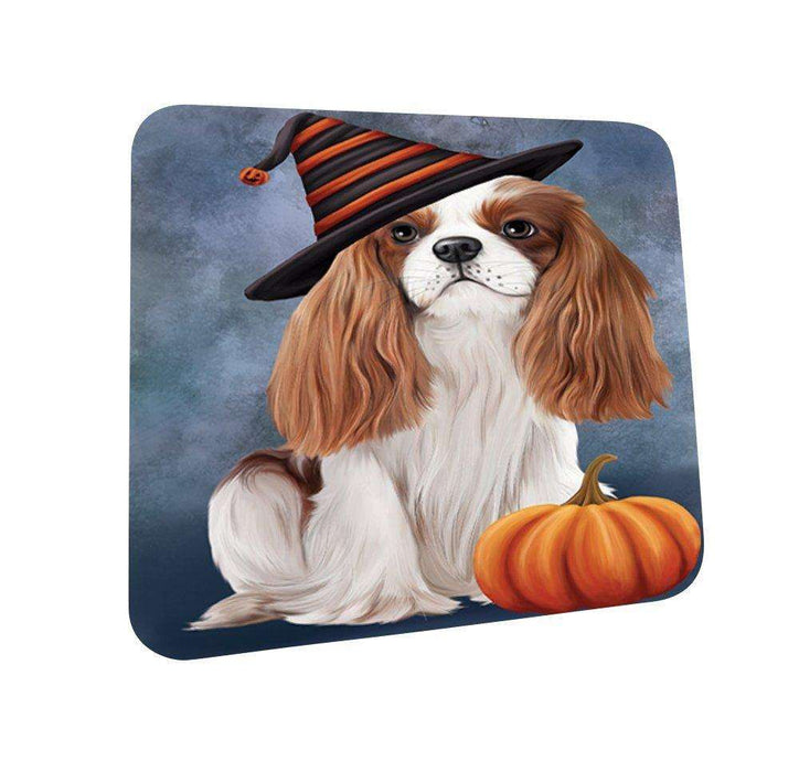 Happy Halloween Cavalier King Charles Spaniel Dog Wearing Witch Hat with Pumpkin Coasters Set of 4