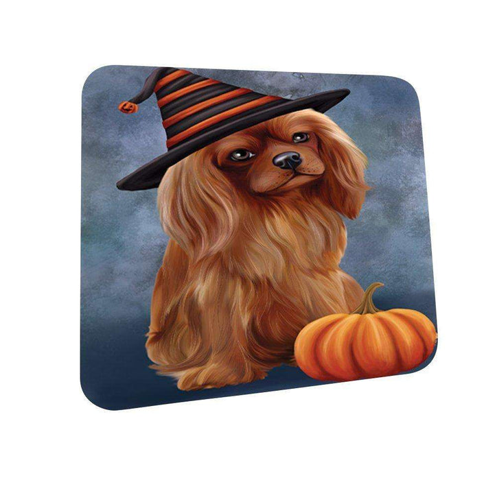 Happy Halloween Cavalier King Charles Spaniel Dog Wearing Witch Hat with Pumpkin Coasters Set of 4