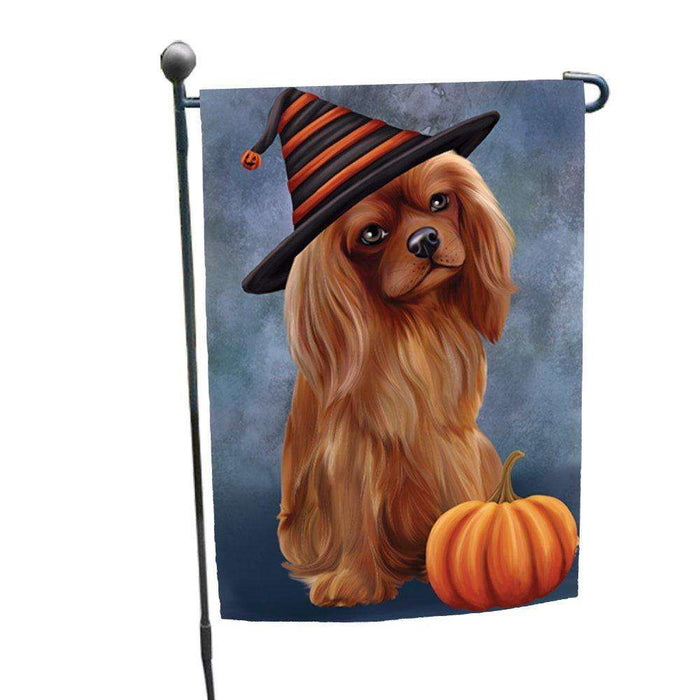 Happy Halloween Cavalier King Charles Spaniel Dog Wearing Witch Hat with Pumpkin Garden Flag