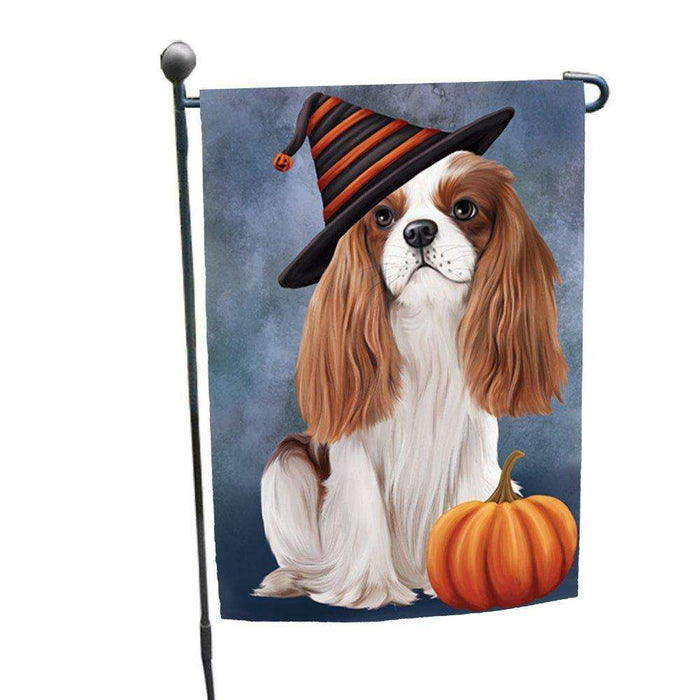 Happy Halloween Cavalier King Charles Spaniel Dog Wearing Witch Hat with Pumpkin Garden Flag