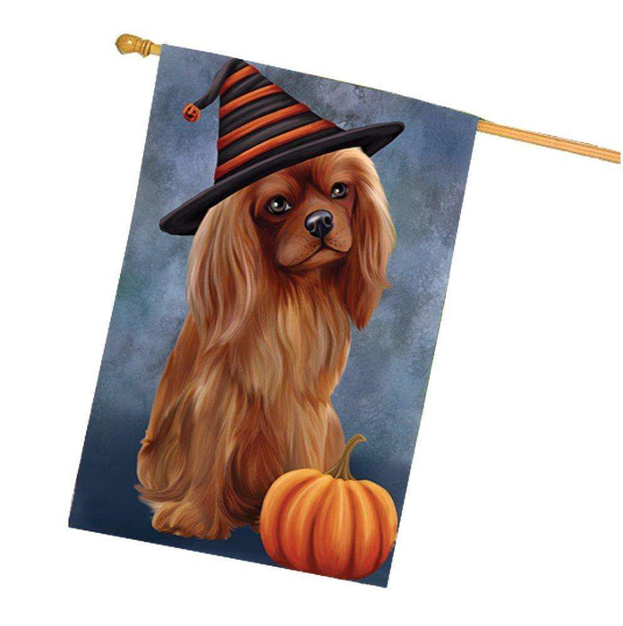 Happy Halloween Cavalier King Charles Spaniel Dog Wearing Witch Hat with Pumpkin House Flag
