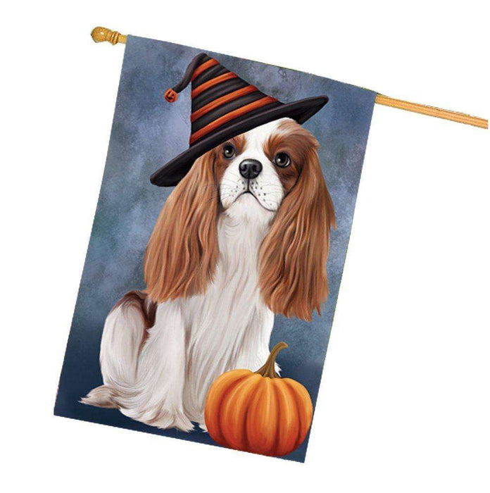 Happy Halloween Cavalier King Charles Spaniel Dog Wearing Witch Hat with Pumpkin House Flag