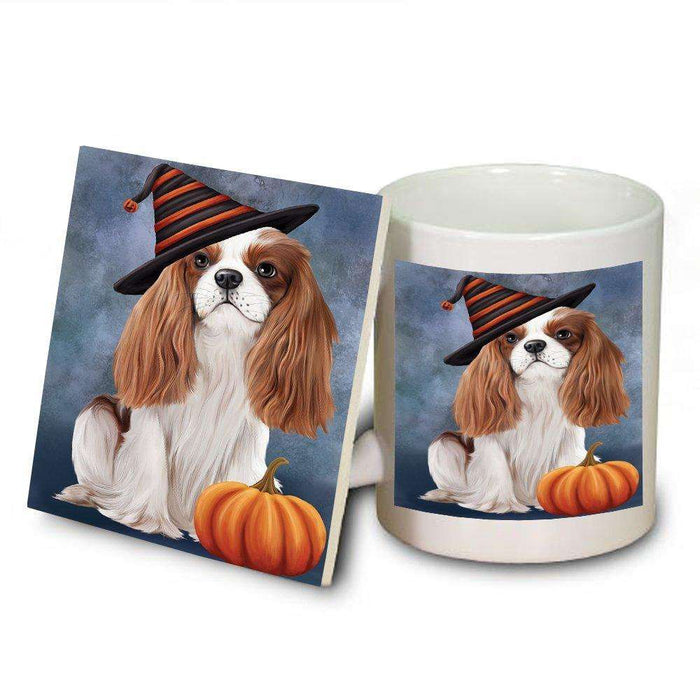 Happy Halloween Cavalier King Charles Spaniel Dog Wearing Witch Hat with Pumpkin Mug and Coaster Set