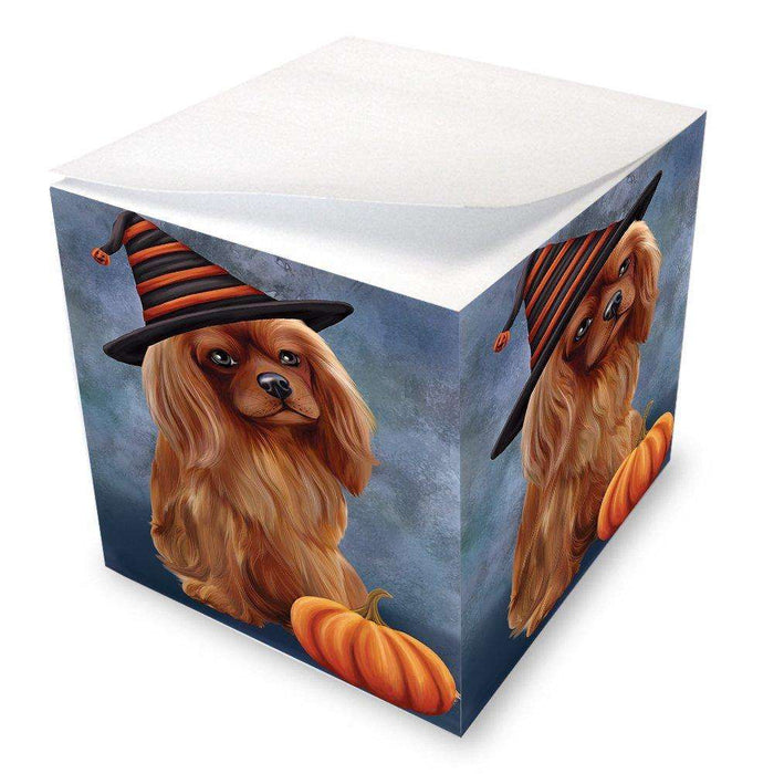 Happy Halloween Cavalier King Charles Spaniel Dog Wearing Witch Hat with Pumpkin Note Cube