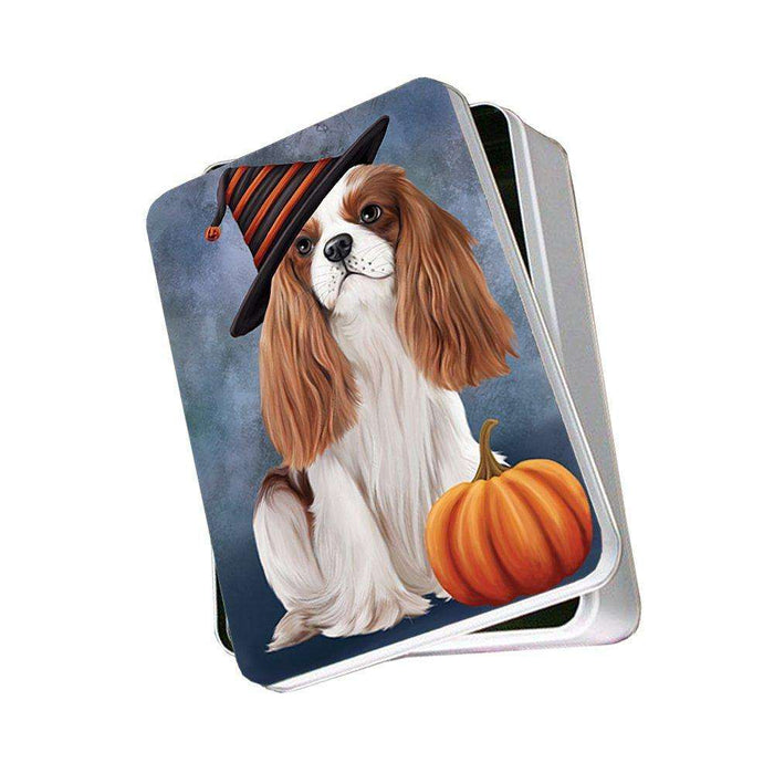 Happy Halloween Cavalier King Charles Spaniel Dog Wearing Witch Hat with Pumpkin Photo Storage Tin